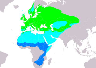 Whitethroat range map: green breeding; light blue migration; dark blue wintering